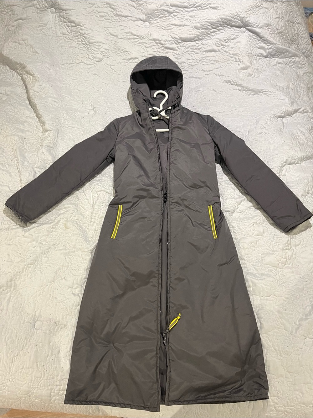 Miu Miu Long Hooded Winter Coat Parka in Dark Gray with Yellow Trim
